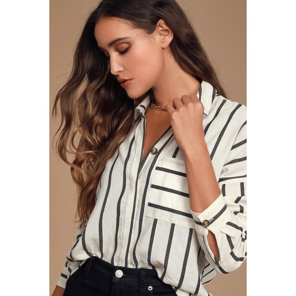 Lulus Amelia Dawn Off-white Striped Long Sleeve Button-up Top - Size XS